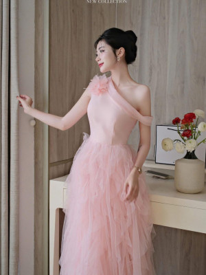 Đầm hồng lệch vai xòe tua rua khau - size xl - hoxlk056