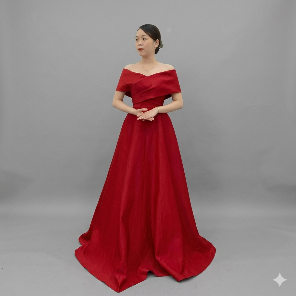 đầm dạ hội màu đỏ trễ vai tà dài size s - mã dosk035